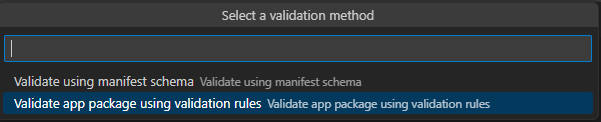 Screenshot shows the selection of Validate app package using validation rules.